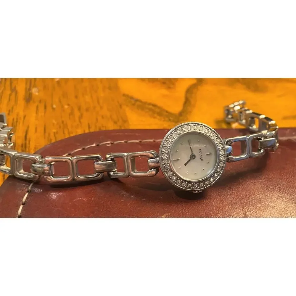 Women's 20mm Silver Tone Pulsar Watch, MOP Face, Crystal Accented Bezel